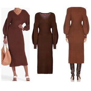 STAUD Carnation Bark Knit Midi Dress size S balloon sleeve chic career neutral